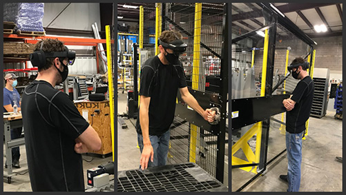 vFAT-collage Dyco engineer uses a VR headset to conduct a virtual FAT.